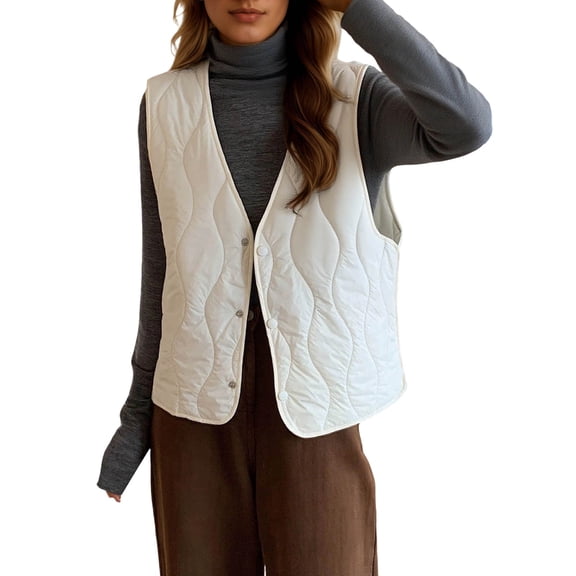Wuxian Womens Winter Coats Puffer Vest Sleeveless Solid Color Layering Piece Casual Stylish Loose Oversized Jacket Thick Warm Waistcoat Winter Clothing Dressy Casual Soft,White,L