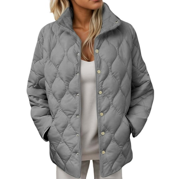 Wuxian Womens Winter Jacket Stand Collar Long Sleeve Button Down Plus Size Lightweight Quilted Puffer Coats Loose Fit Comfortable Warm Thick Outerwear,Grey,XXL