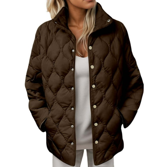 Wuxian Womens Winter Jacket Stand Collar Long Sleeve Button Down Plus Size Lightweight Quilted Puffer Coats Loose Fit Comfortable Warm Thick Outerwear,Khaki,XL