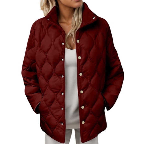 Wuxian Womens Winter Jacket Stand Collar Long Sleeve Button Down Plus Size Lightweight Quilted Puffer Coats Loose Fit Comfortable Warm Thick Outerwear,,XL