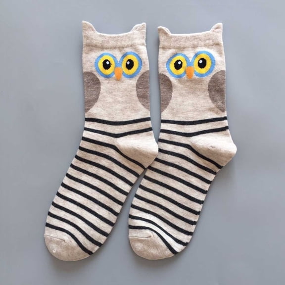 Wuxian Wool Socks For Women Cute Owl Bird Pattern Striped Print Crew Socks Soft Casual Ankle Short Comfy Dailywear,Beige,One Size