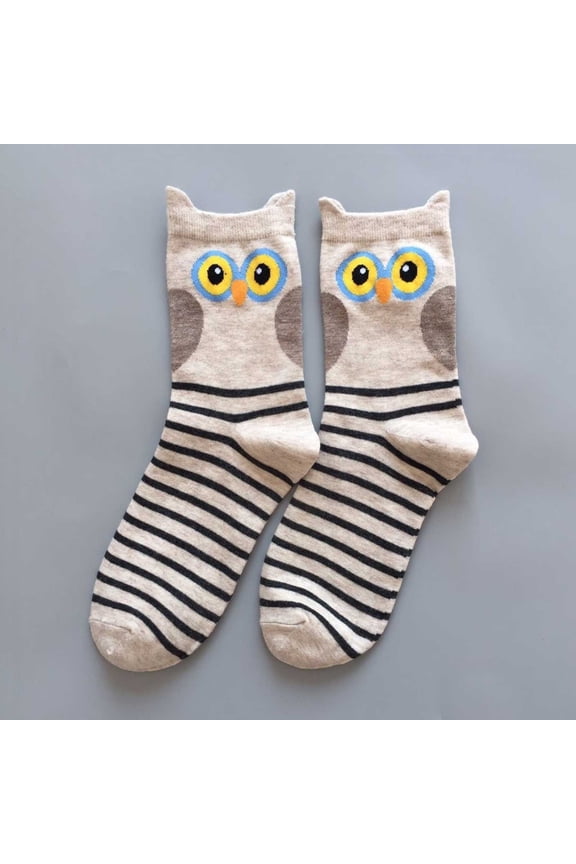 Wool Socks For Women Cute Owl Bird Pattern Striped Print Crew Socks Soft Casual Ankle Short Comfy Dailywear,Beige,One Size
