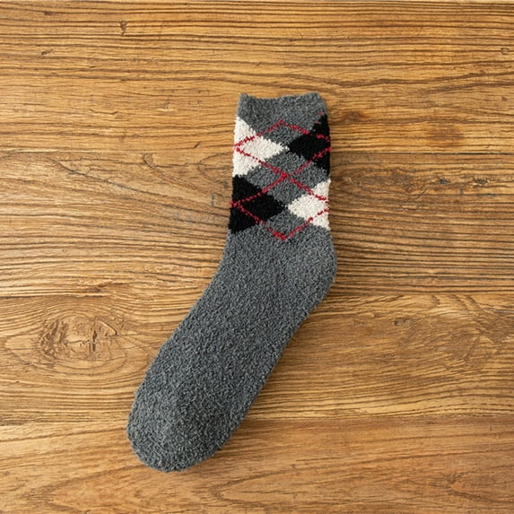 Wuxian Wool Socks For Women Fuzzy Thick Thermal Geometric Printed Coral Velvet Crew Socks Warm Sleeping Stocking Comfy Dailywear,Grey,One Size