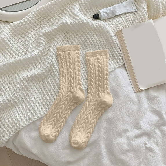 Wuxian Wool Socks Solid Color Knit Cotton Crew Socks Stockings Cozy Soft Blend Textured Everyday Wear Comfy Dailywear,Khaki,One Size