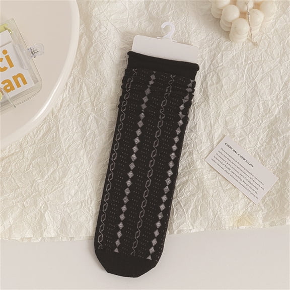 Wuxian Wool Socks Spring Summer Lace Mesh Crew Socks Rolled Hem Slouch Socks Thin Soft Comfy Breathable Lightweight Footwear,Black,One Size