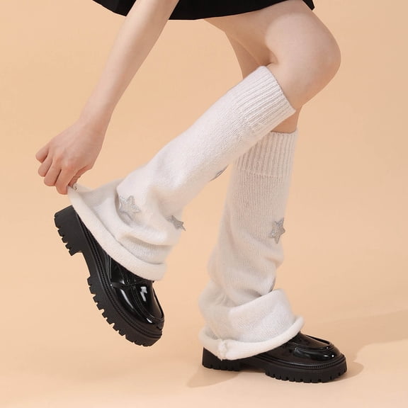 Wuxian Wool Socks For Women Classic Striped Leg Warmers Star Pattern Knee Length Warm Socks Fashionable Footless Boot Sleeves Comfy Dailywear,White,One Size
