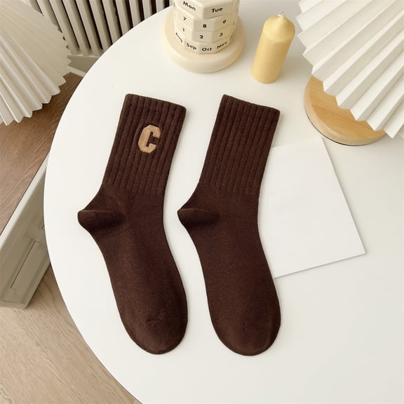 Wuxian Wool Socks For Women Ladies Embroidered Letter Knitted Leisure Soft Boat Socks Solid Color Stylish Crew Sock Soft Comfy Dailywear,Brown,One Size