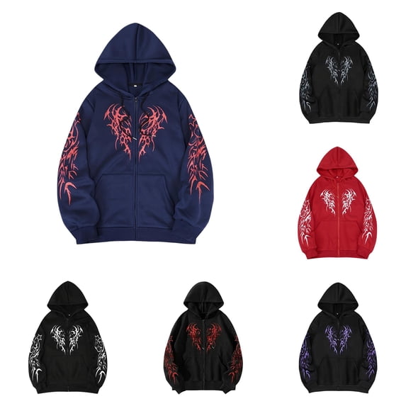 Wuxian Y2k Gothic Graphic Hoodies For Men Zip Up Sweatshirts Long Sleeve Streetwear