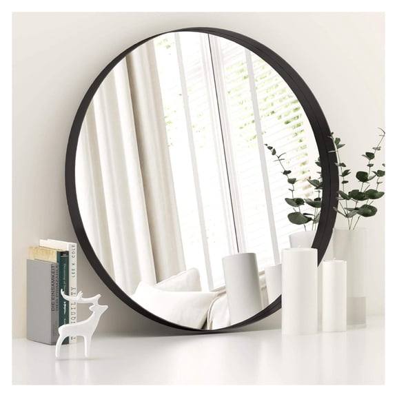 Wuxptrn Black Round Wall Mirror for Bathroom - 24'' X 24'' Stainless Steel Metal Frame Mirror for Wall Black Wall Mounted Mirror