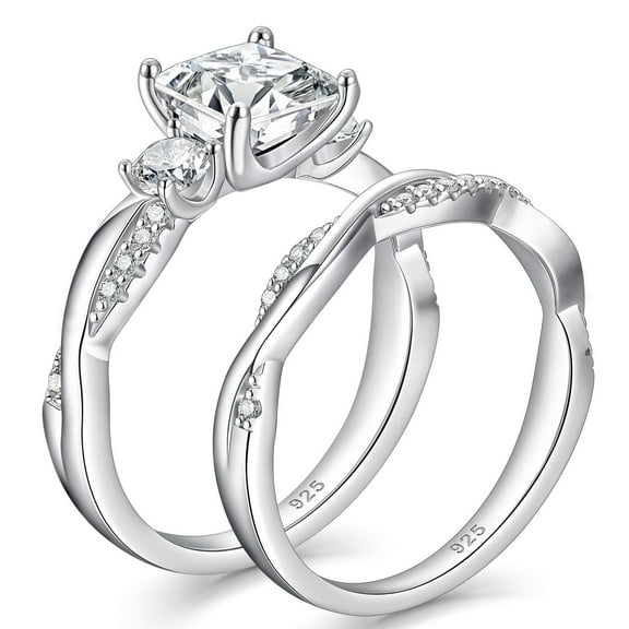 Wuziwen 1.4 Ct Princess Moissanite Wedding Ring Sets Twisted Band 925 Sterling Silver Rings for Women Size 7