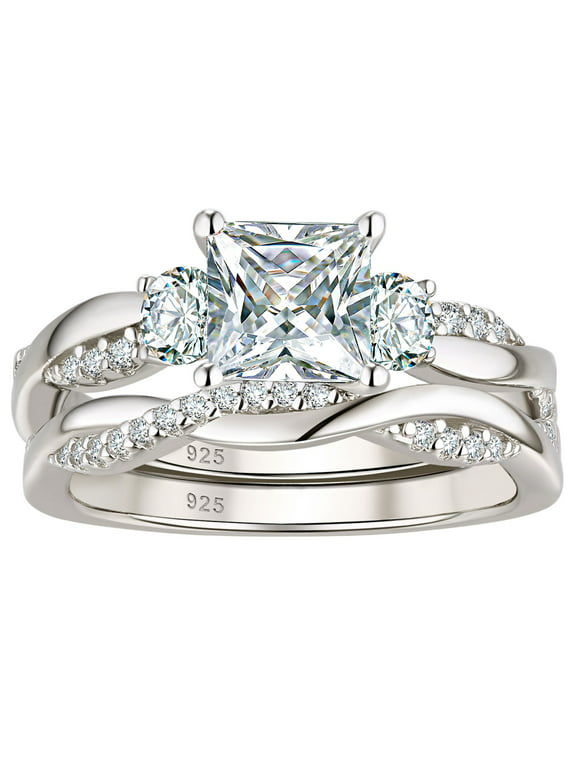 Wuziwen 1 Carat Wedding Infinity Band Bridal Ring Sets Princess AAAAA CZ Sterling Silver Size 7