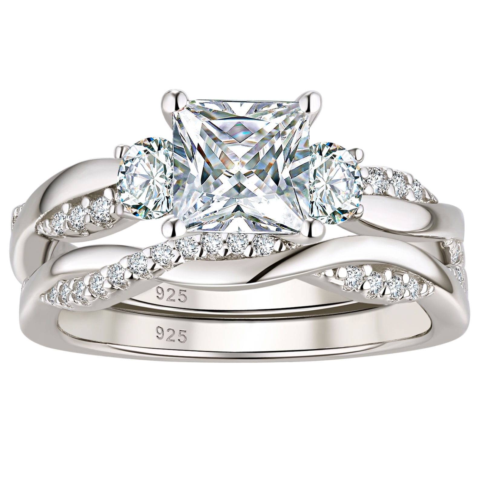 Wuziwen 1 Carat Wedding Ring Sets Infinity Band Princess Sterling Silver Rings for Women CZ Size 7