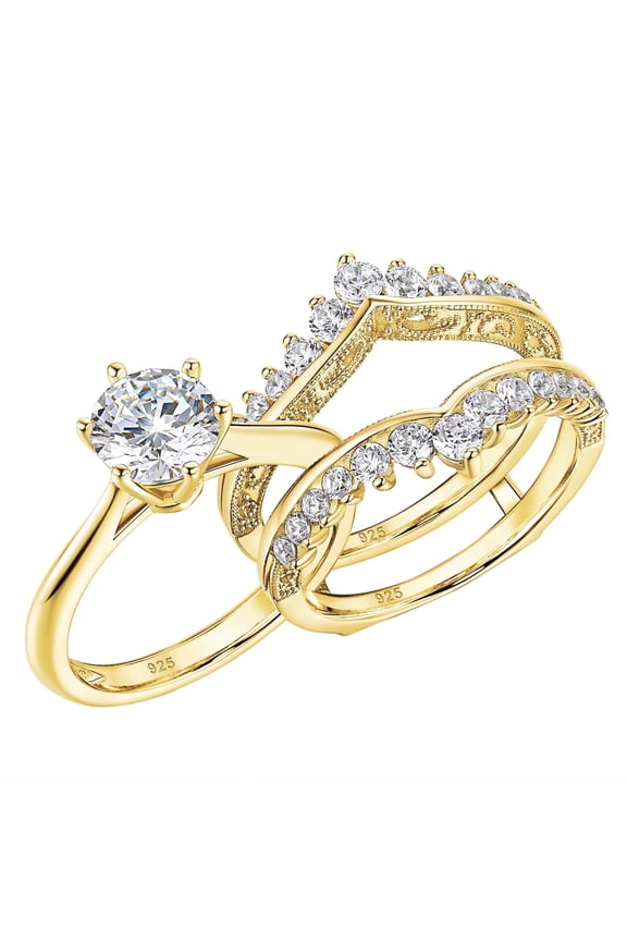 2 Carats Crown Bridal Rings Set for Women Yellow Gold Plated Cubic Zirconia Anniversary Band Size 6