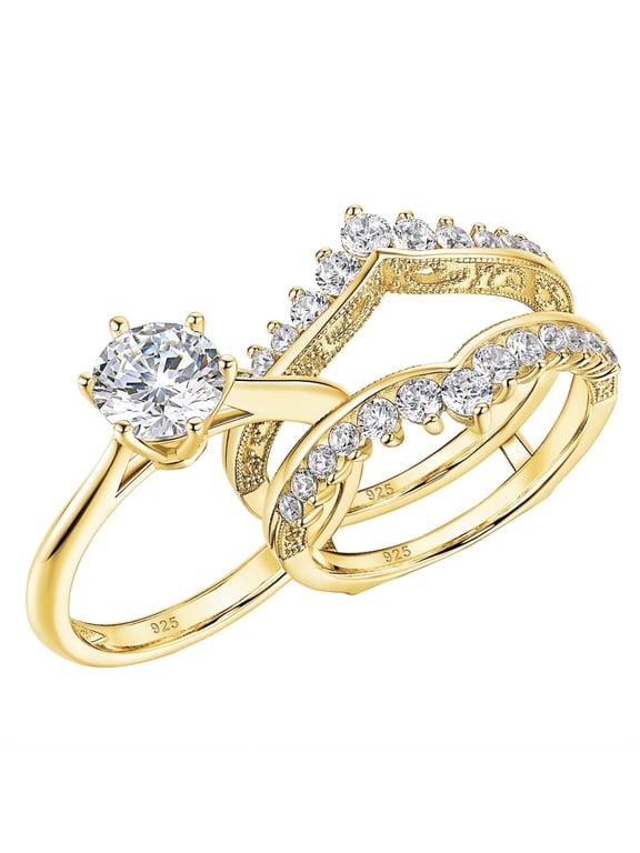 2 Carats Crown Bridal Rings Set for Women Yellow Gold Plated Cubic Zirconia Anniversary Band Size 7