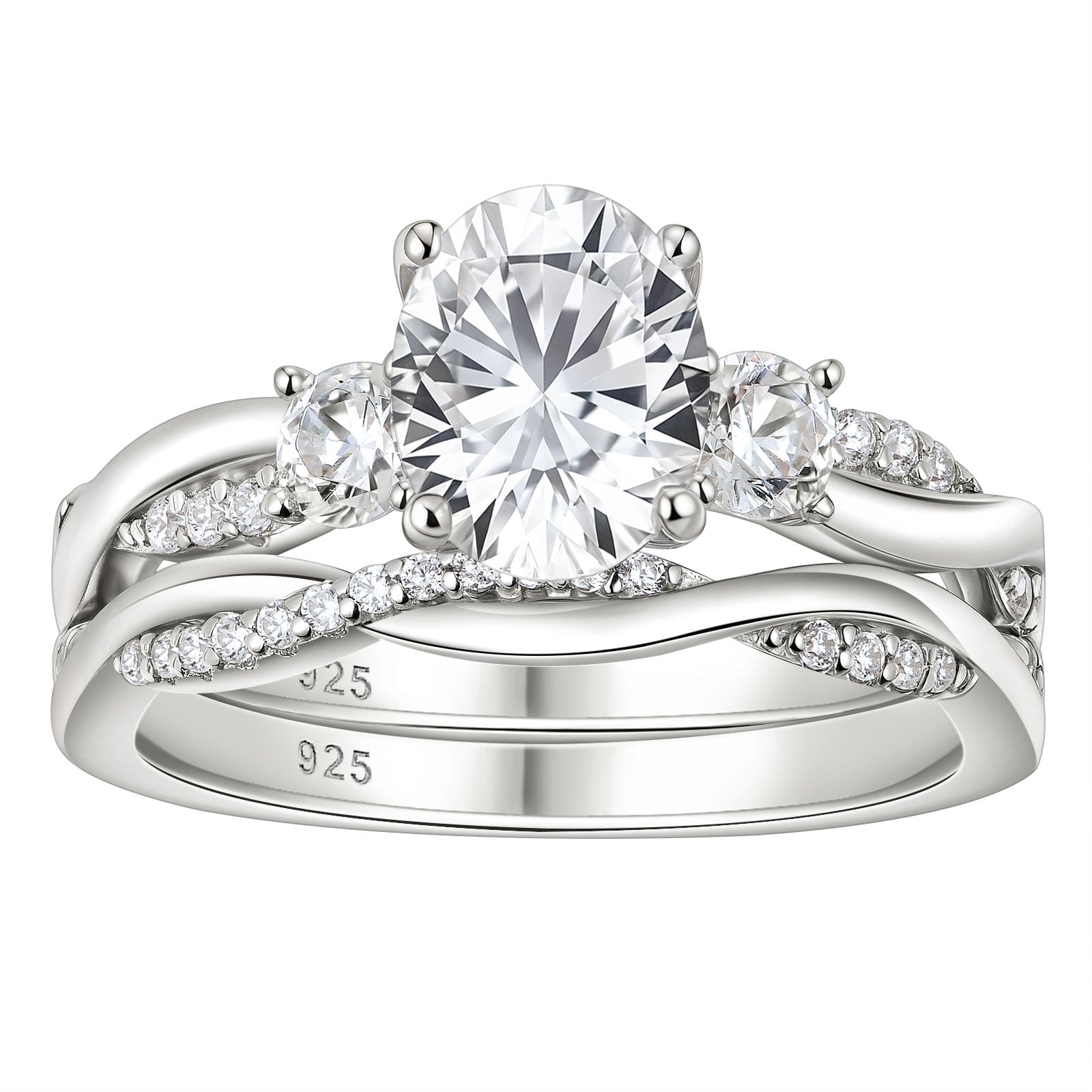 Wuziwen 2 Ct Oval Three Stone Wedding Ring Sets Infinity Bands 925 Sterling Silver Rings for Woman Cz Size 6