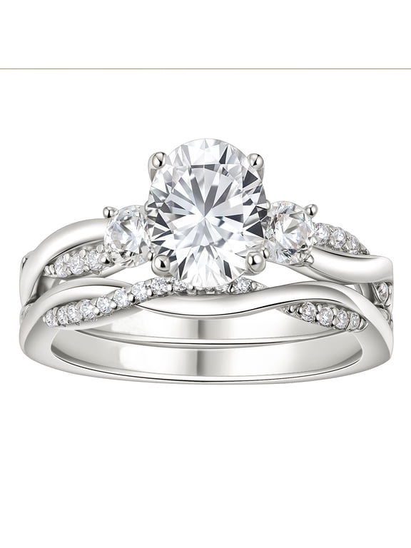 2 Ct Moissanite Oval Three Stone Wedding Ring Sets Infinity Bands Twisted 18K White Gold Plated Size 7
