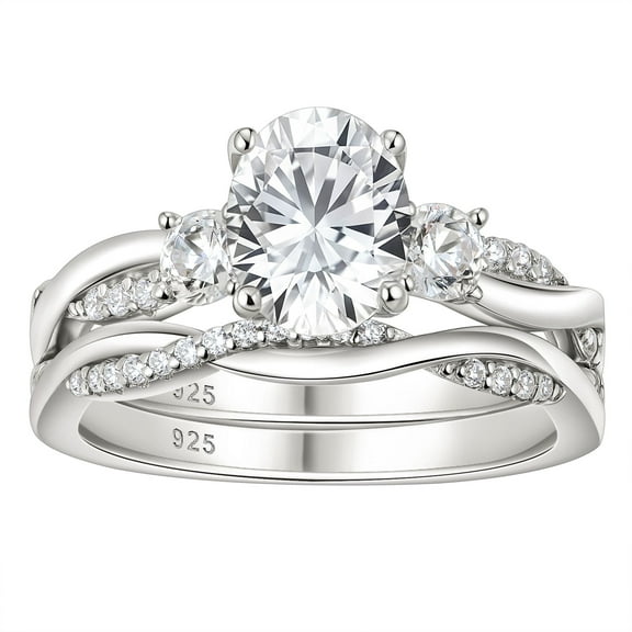 Wuziwen 2 Ct Oval Three Stone Wedding Ring Sets Infinity Bands 925 Sterling Silver Rings for Woman Cz Size 8