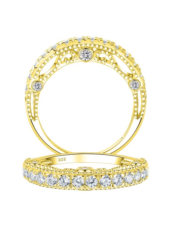 3.5mm Eternity Wedding Band for Women Stackable Sterling Silver Ring Yellow Gold Plated Size 10