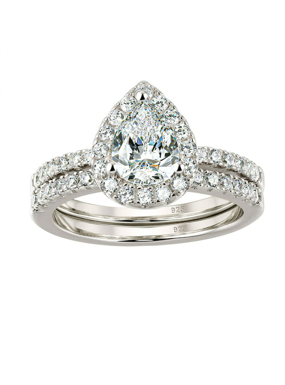 Wuziwen 3Ct Pear Cut Wedding Band Bridal Ring Set for Women Halo CZ 925 Sterling Silver Size 7