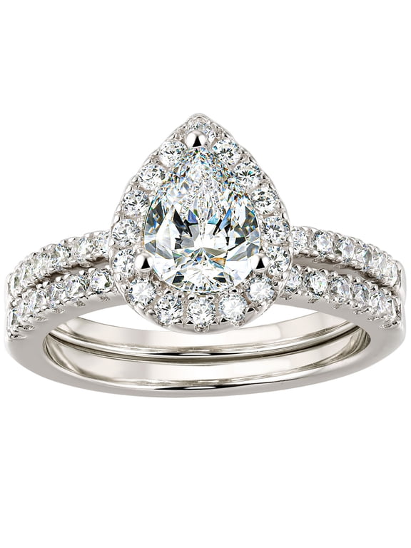 3Ct Pear Cut Wedding Ring Set for Women Halo AAAAA CZ Engagement Ring Set 18K White Gold Plated Size 7.5