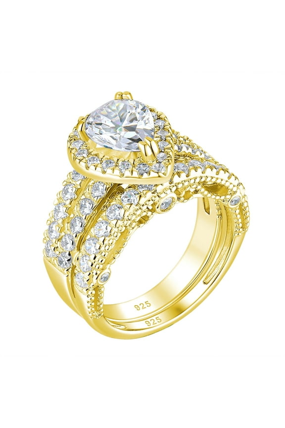4 Carat Pear Cut Wedding Sets Engagement Ring for Women Yellow Gold Plated CZ Size 7