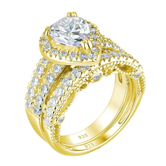 Wuziwen 4 Carat Pear Cut Wedding Sets Engagement Ring for Women Yellow Gold Plated CZ Size 8