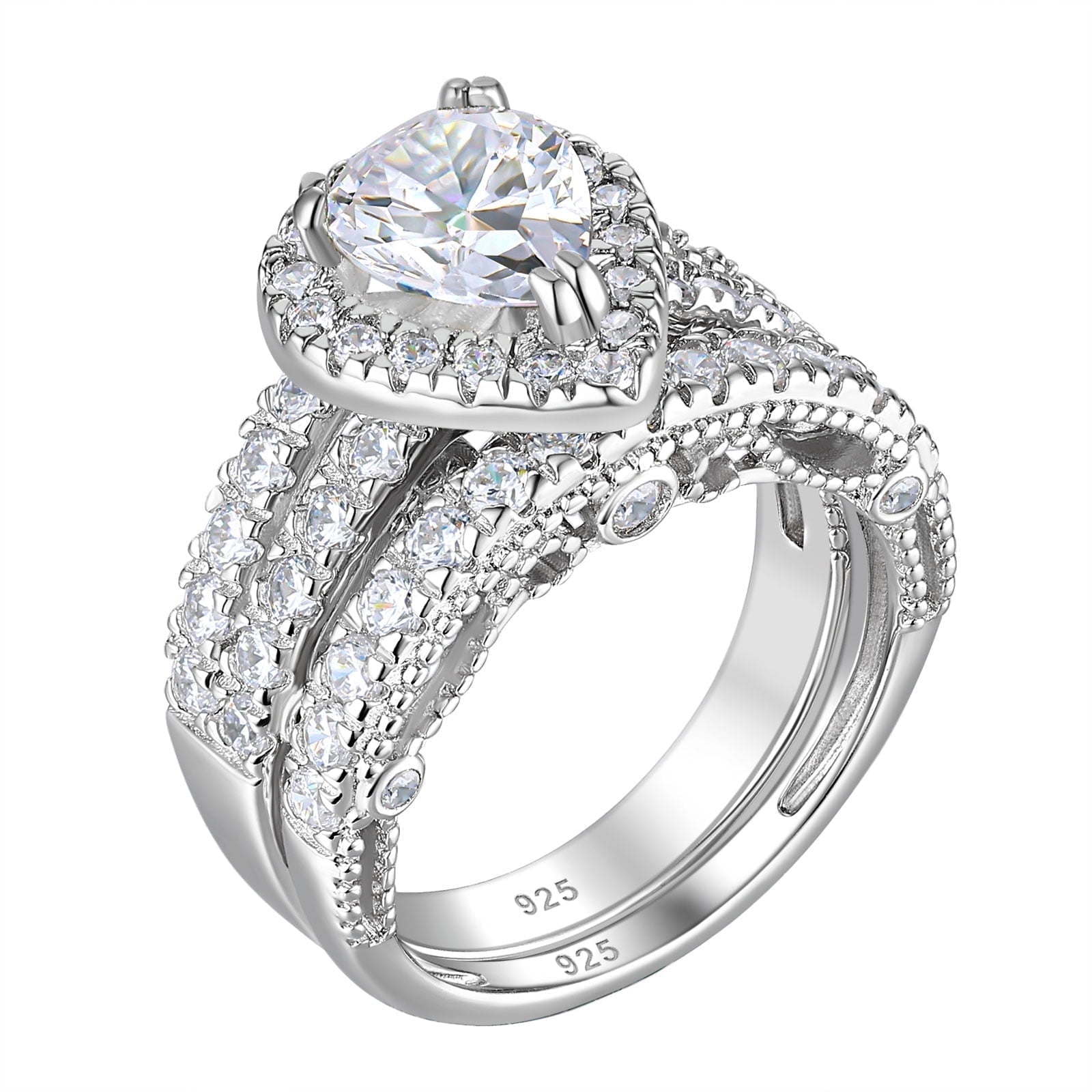 Wuziwen 4 Ct Wedding Engagement Ring Set for Women Pear Sterling Silver Ring Cubic Zirconia Size 4.5
