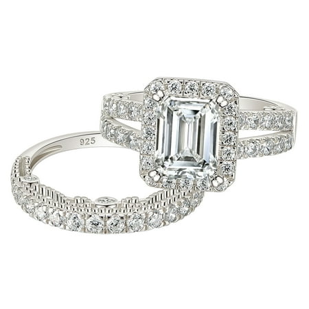 Wuziwen 4 Ct Emerald Cut Sterling Silver Wedding Ring Set for Women Cubic Zirconia Size 7