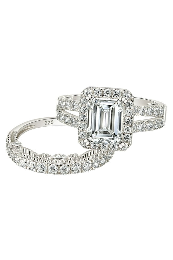 4 Ct Emerald Cut Sterling Silver Wedding Ring Set for Women Cubic Zirconia Size 7