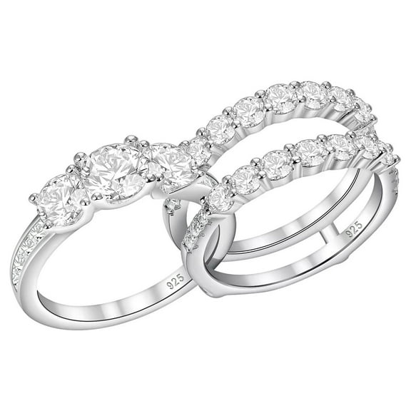 Wuziwen 4 Ct Three Stone Wedding Ring Sets for Women Round Sterling Silver Ring Enhancer CZ Size 7