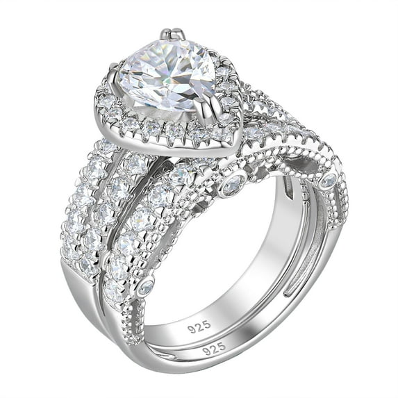 Wuziwen 4 Ct Wedding Engagement Ring Set for Women Pear Sterling Silver Ring Cubic Zirconia Size 10