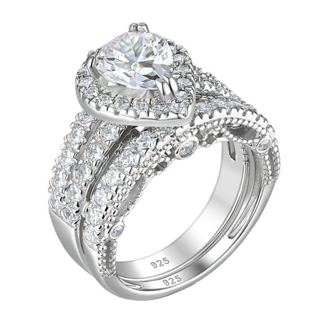 Wuziwen 4 Ct Wedding Engagement Ring Set for Women Pear Sterling Silver Ring Cubic Zirconia Size 4.5