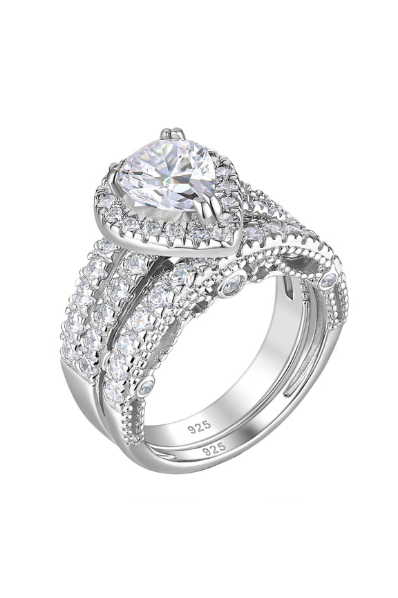 4 Ct Wedding Engagement Ring Set for Women Pear Sterling Silver Ring Cubic Zirconia Size 8.5