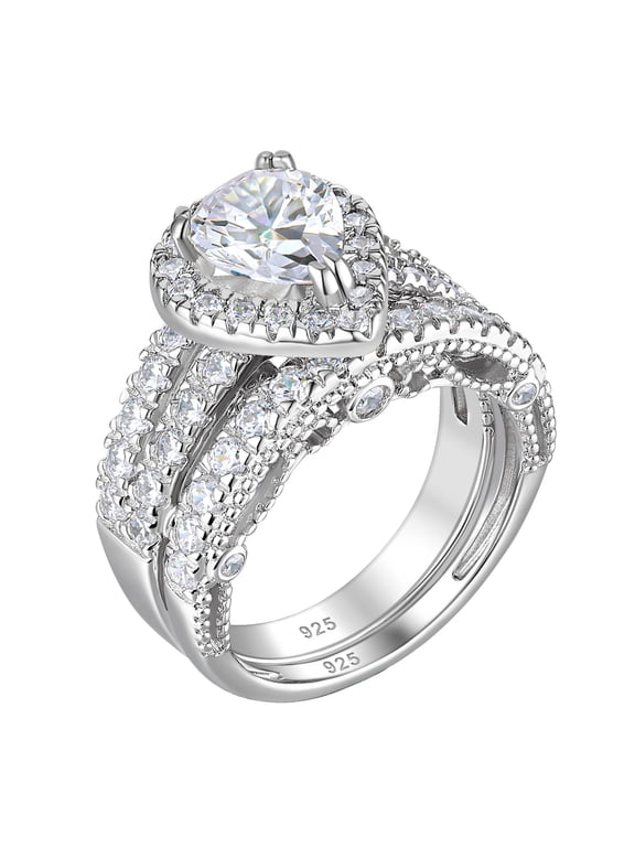 4 Ct Wedding Engagement Ring Set for Women Pear Sterling Silver Ring Cubic Zirconia Size 9