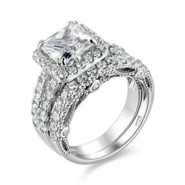 Wuziwen 4Ct Engagement Ring for Women Sterling Silver Cubic Zirconia Wedding Band Bridal Set Size 7