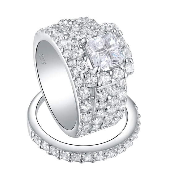 Wuziwen 4Ct Princess Engagement Rings Set for Women 925 Sterling Silver Rings Cubic Zirconia Size 5