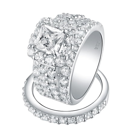 Wuziwen 4Ct Vintage Wedding Ring Set for Women Cubic Zirconia 925 Sterling Silver Princess Halo Cluster Engagement Rings for Her Size 5