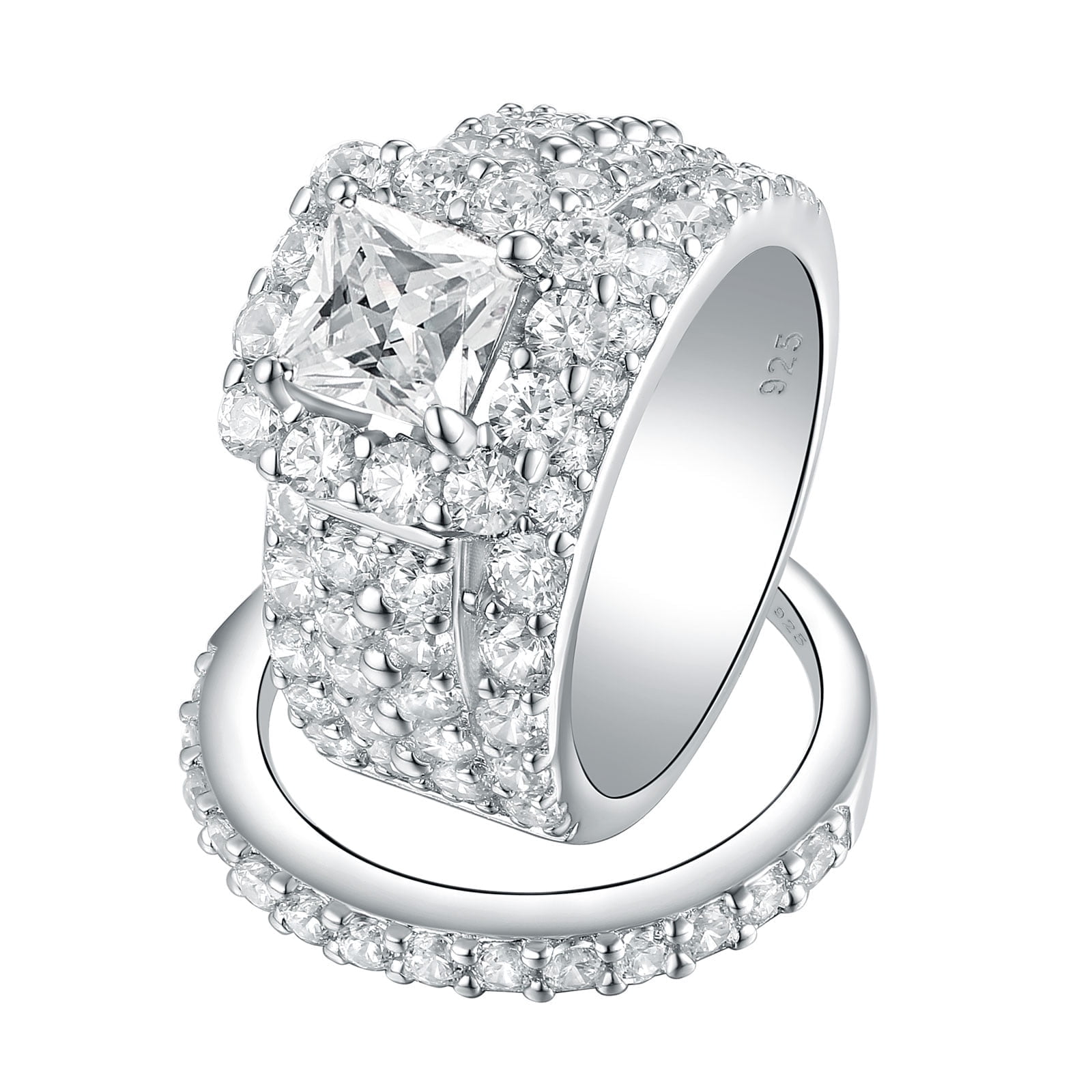 Wuziwen 4Ct Vintage Wedding Ring Set for Women Cubic Zirconia 925 Sterling Silver Princess Halo Cluster Engagement Rings for Her Size 6