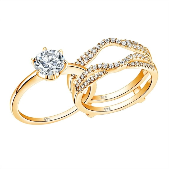 Wuziwen Yellow Gold Plated Wedding Sets for Women Ring Guards Enhancers Round Cut Bridal Rings CZ Size 9