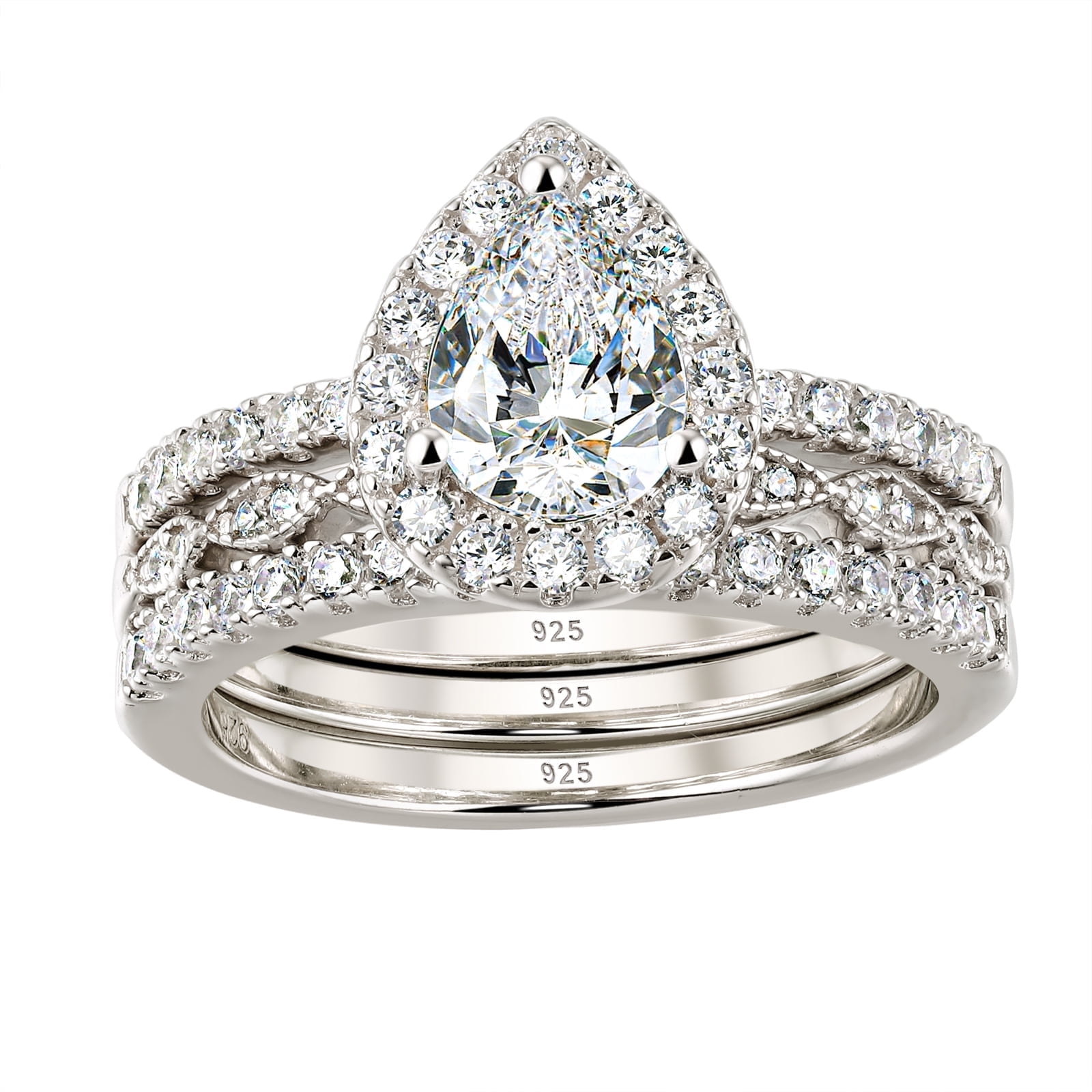 Wuziwen Halo Pear Cut Wedding Ring Set CZ Engagement Rings for Women 925 Sterling Silver Size 5