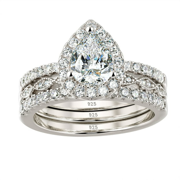 Wuziwen Halo Pear Cut Wedding Ring Set CZ Engagement Rings for Women 925 Sterling Silver Size 8