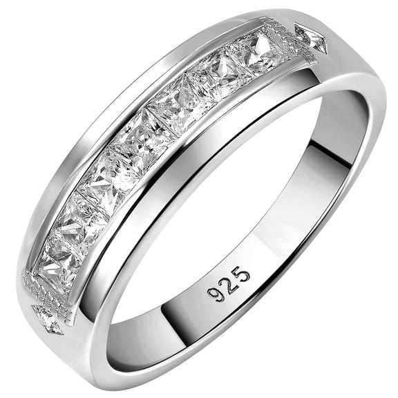 Wuziwen Mens Wedding Bands 2Ct Princess 5A Cubic Zirconia Wedding Band for Him 925 Sterling Silver Men Rings Size 13