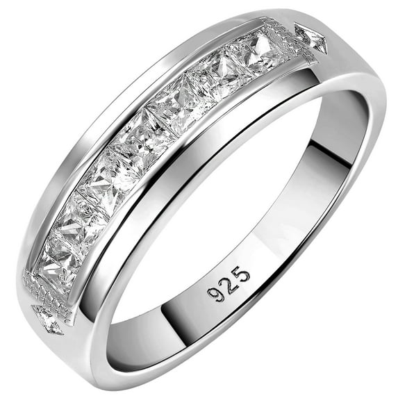 Wuziwen Mens Wedding Bands 2Ct Princess 5A Cubic Zirconia Wedding Band for Him 925 Sterling Silver Men Rings Size 9