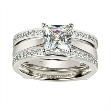 Wuziwen Princess Bridal Ring Sets for Women Wedding Band Guard Ring Enhancers Sterling Silver CZ Size 9