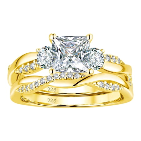 Wuziwen Princess Cut Wedding Rings Yellow Gold Plated Twisting Bands for Women Sterling Silver CZ Size 5