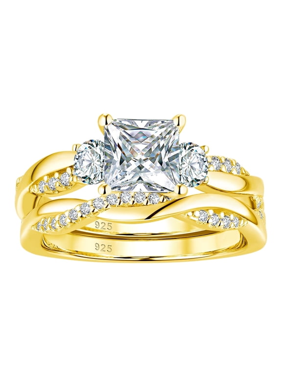 Princess Cut Wedding Rings Yellow Gold Plated Twisting Bands for Women Sterling Silver CZ Size 8