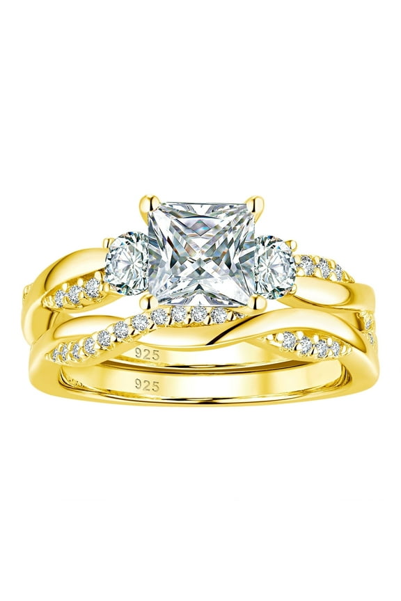 Princess Cut Wedding Rings Yellow Gold Plated Twisting Bands for Women Sterling Silver CZ Size 9