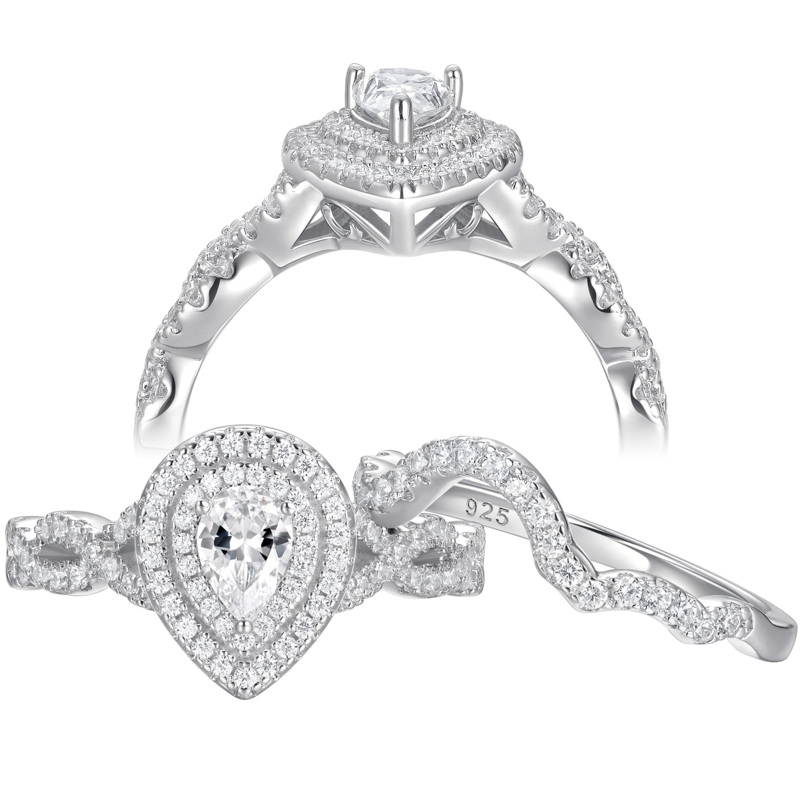 Wuziwen Pear Cut Wedding Rings for Women Bridal Sets Twisted Band 925 Sterling Silver CZ Size 6