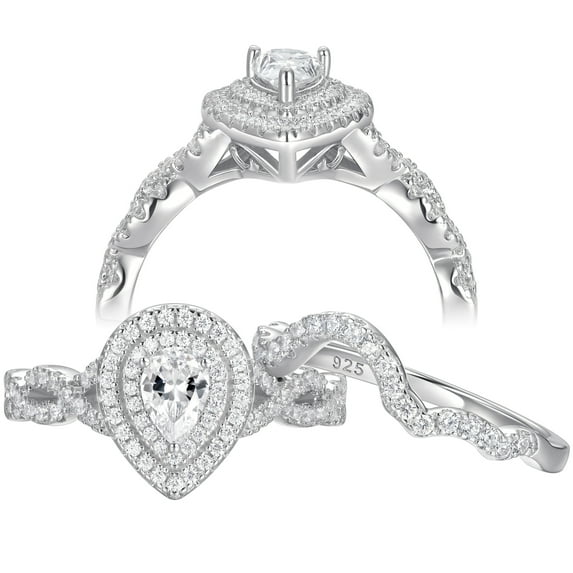 Wuziwen Pear Cut Wedding Rings for Women Bridal Sets Twisted Band 925 Sterling Silver CZ Size 7