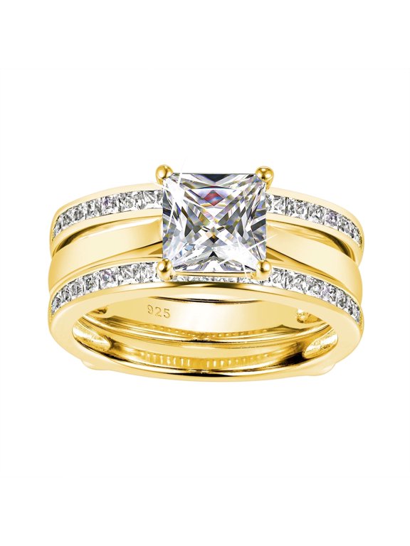 Vintage Yellow Gold Plated Bridal Rings Set for Women 925 Sterling Silver Solitaire Size 9